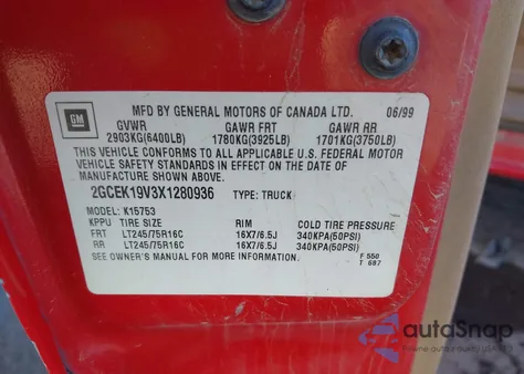 1999 Chevrolet Silverado 1500 Ls from USA, damaged, VIN 2GCEK19V3X1280936